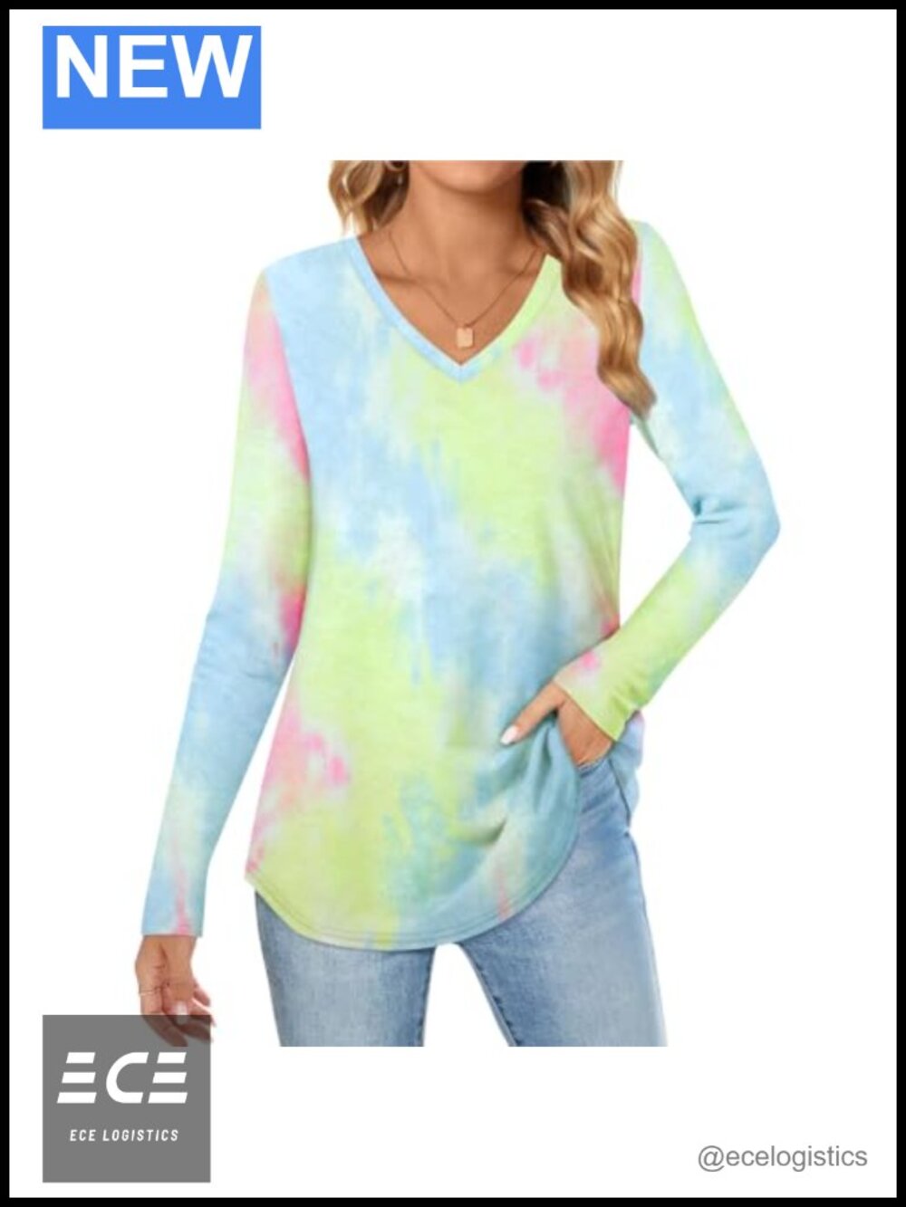V Neck Tie Dye T Shirt Cotton Tee Long Sleeve Curved Hem Top